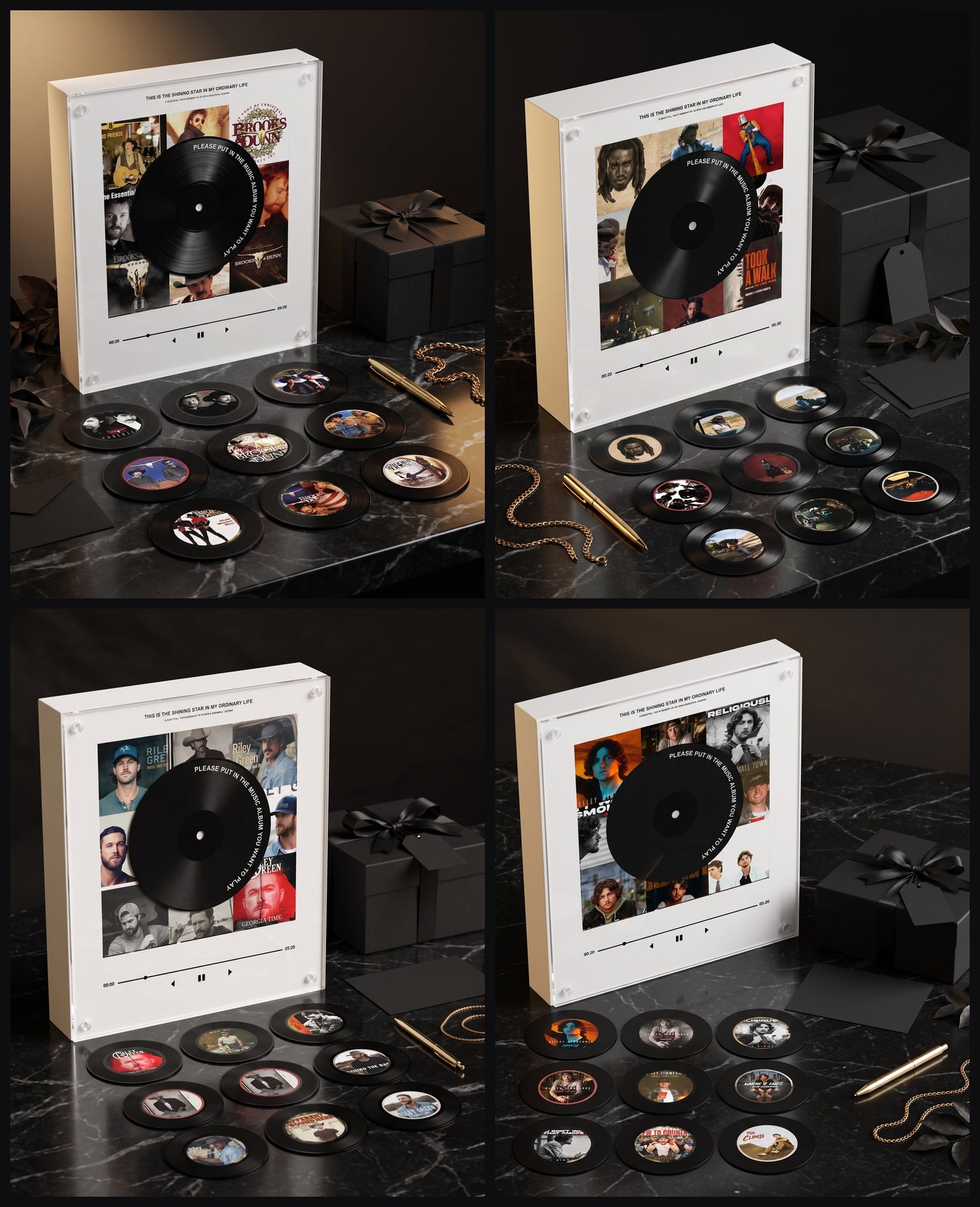 Backroad Spins music player boxes on black marble, gift scene